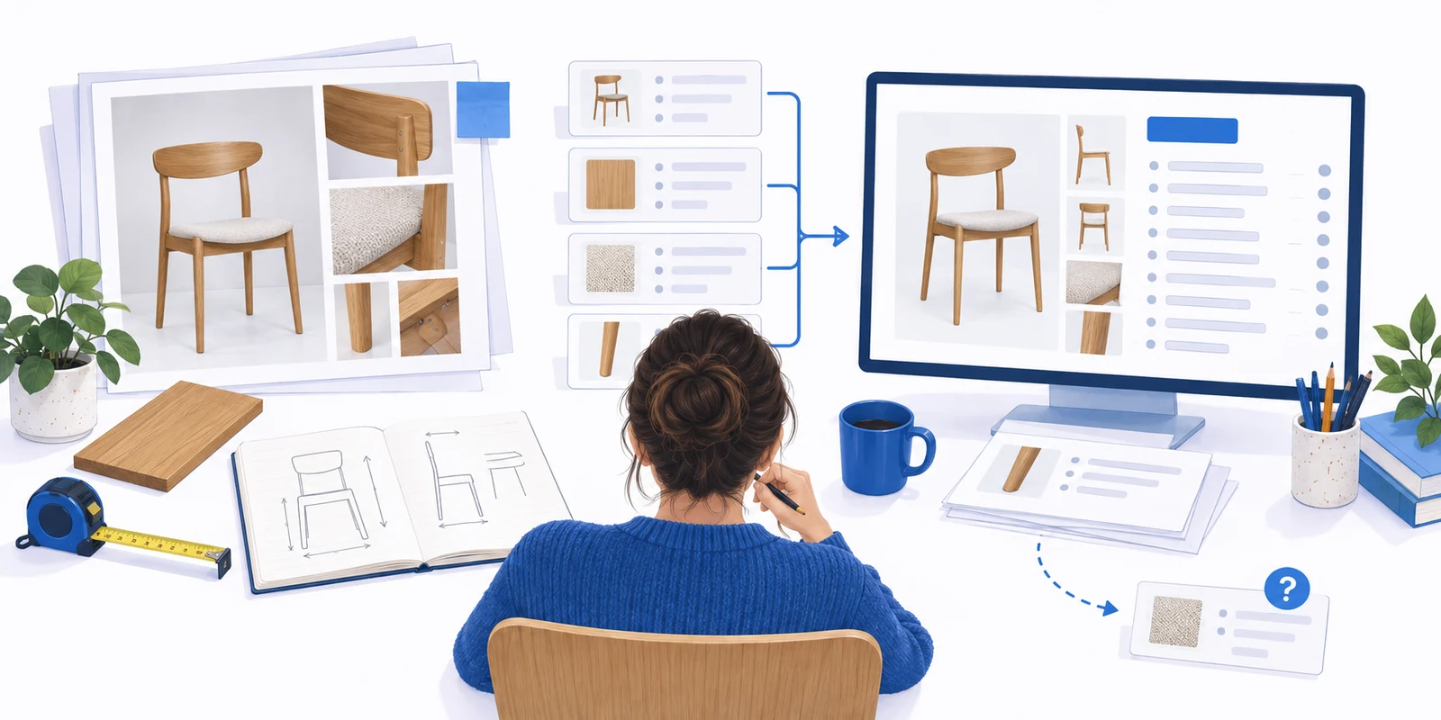 Illustration of furniture photographs and attribute cards being checked against source information.