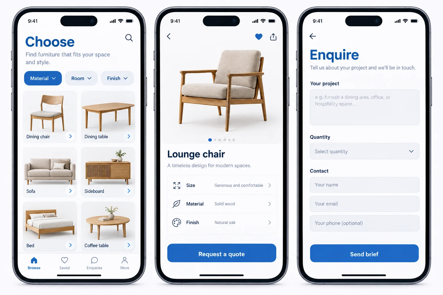 Concept mobile screens showing a furniture selection, a model page and an enquiry form.