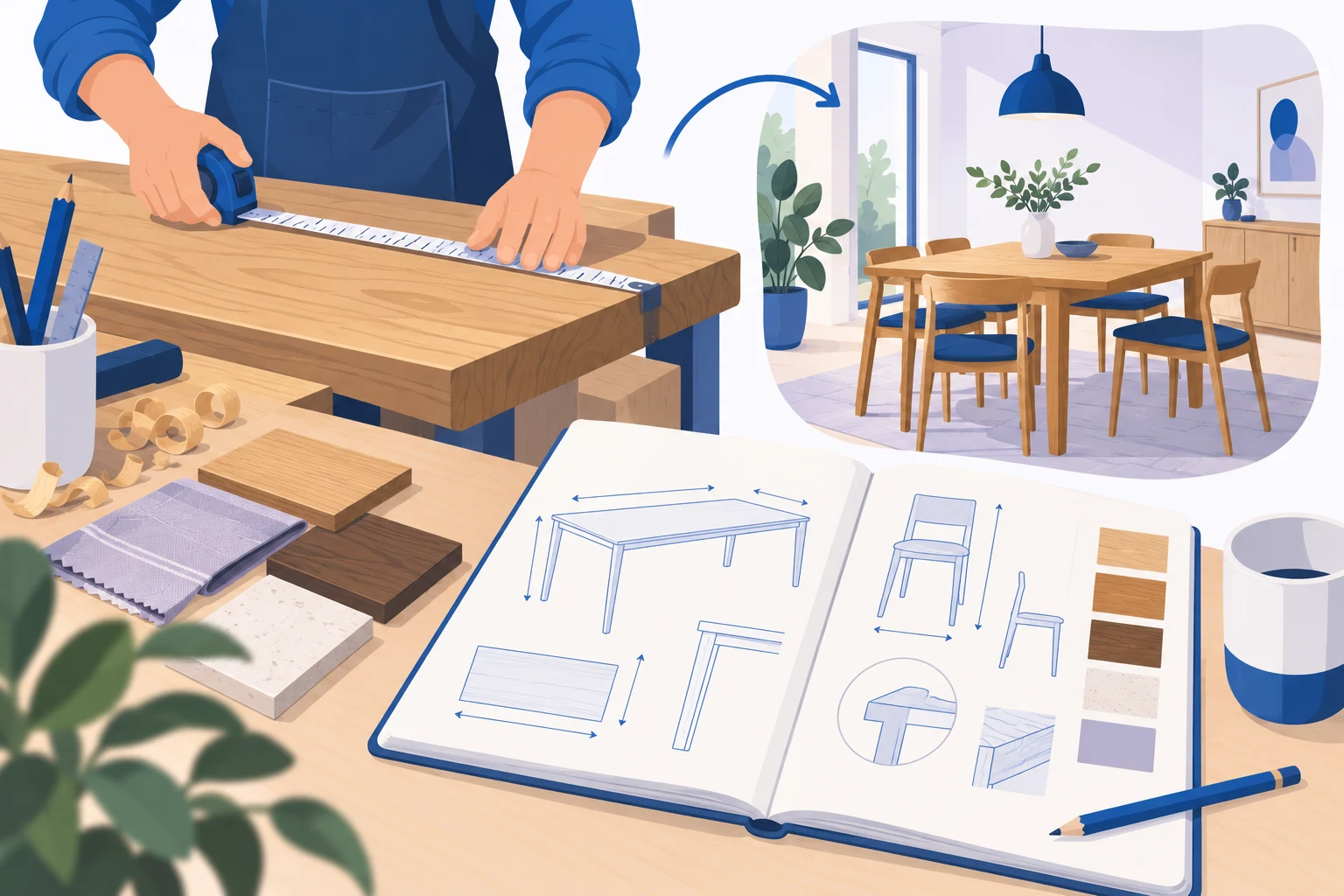Illustration connecting workshop measurements and finish samples with a furnished room.