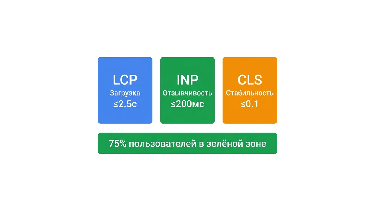 Схема: три метрики Core Web Vitals — LCP, INP, CLS — с их пороговыми значениями