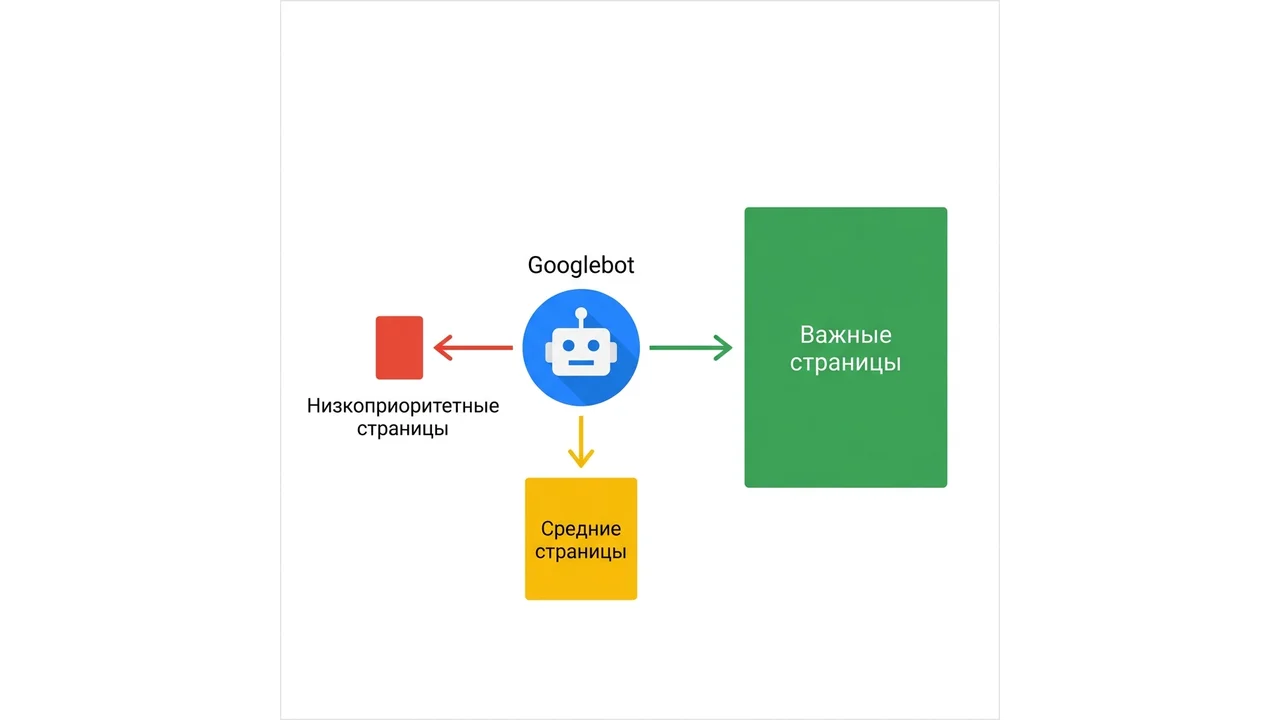 Схема: Googlebot распределяет краулинговый бюджет между ценными URL и страницами, которые его тратят впустую