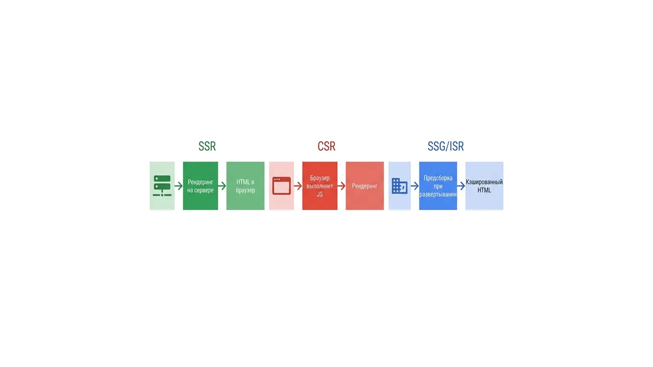 Схема: три конвейера рендеринга — SSR, CSR, SSG/ISR — и их влияние на SEO
