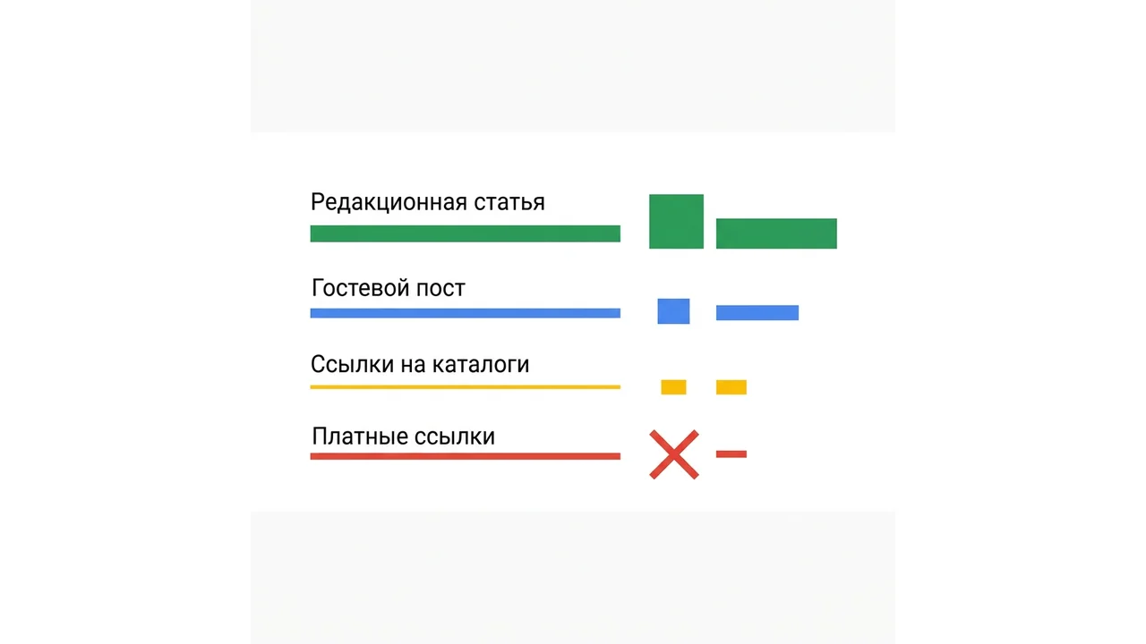 Схема: типы ссылок и их вес — редакционные, гостевые посты, каталоги — и рост PageRank