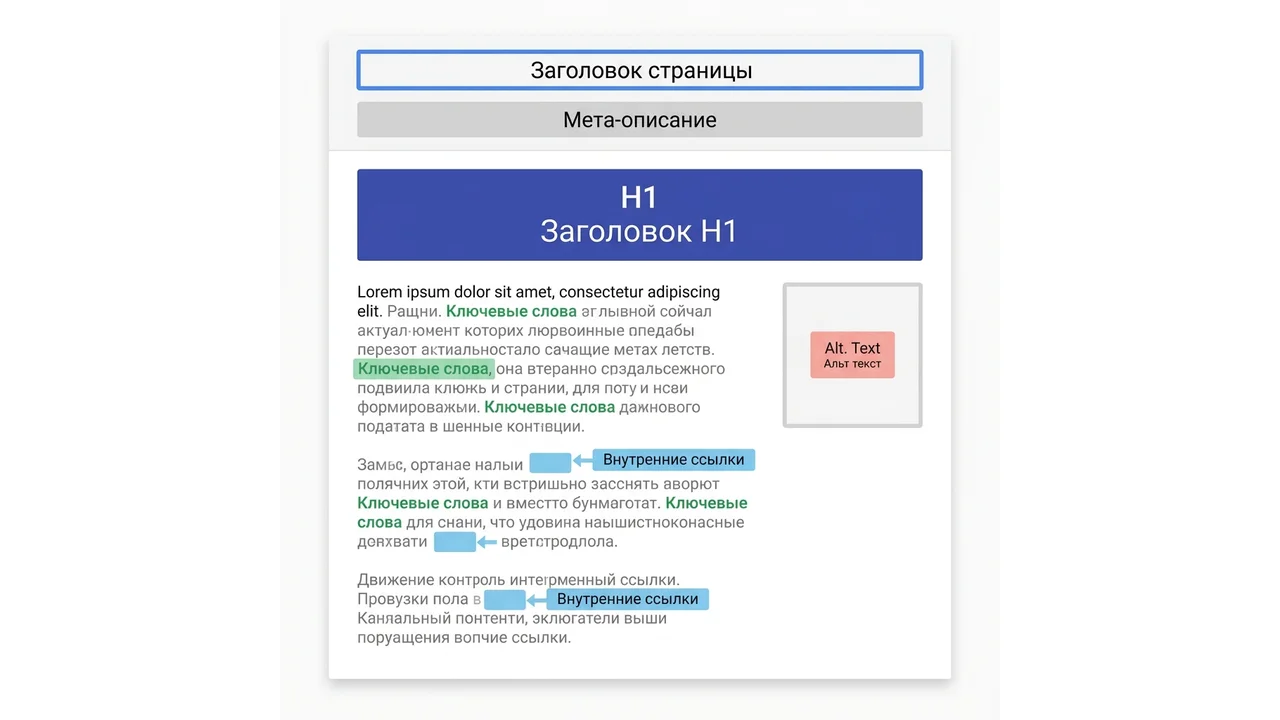 Схема: ключевые on-page факторы одной страницы — title, H1, meta, URL, изображения, ссылки, скорость, Schema.org
