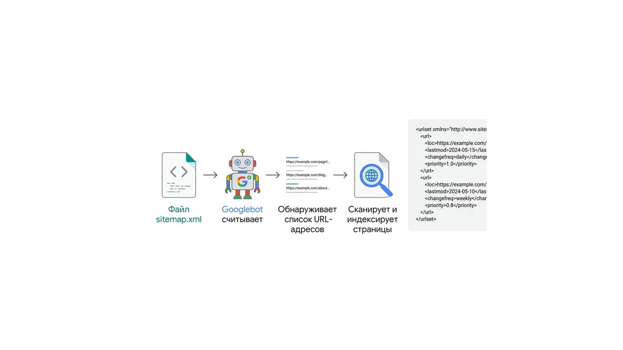 Схема: Googlebot читает sitemap.xml и сканирует перечисленные страницы