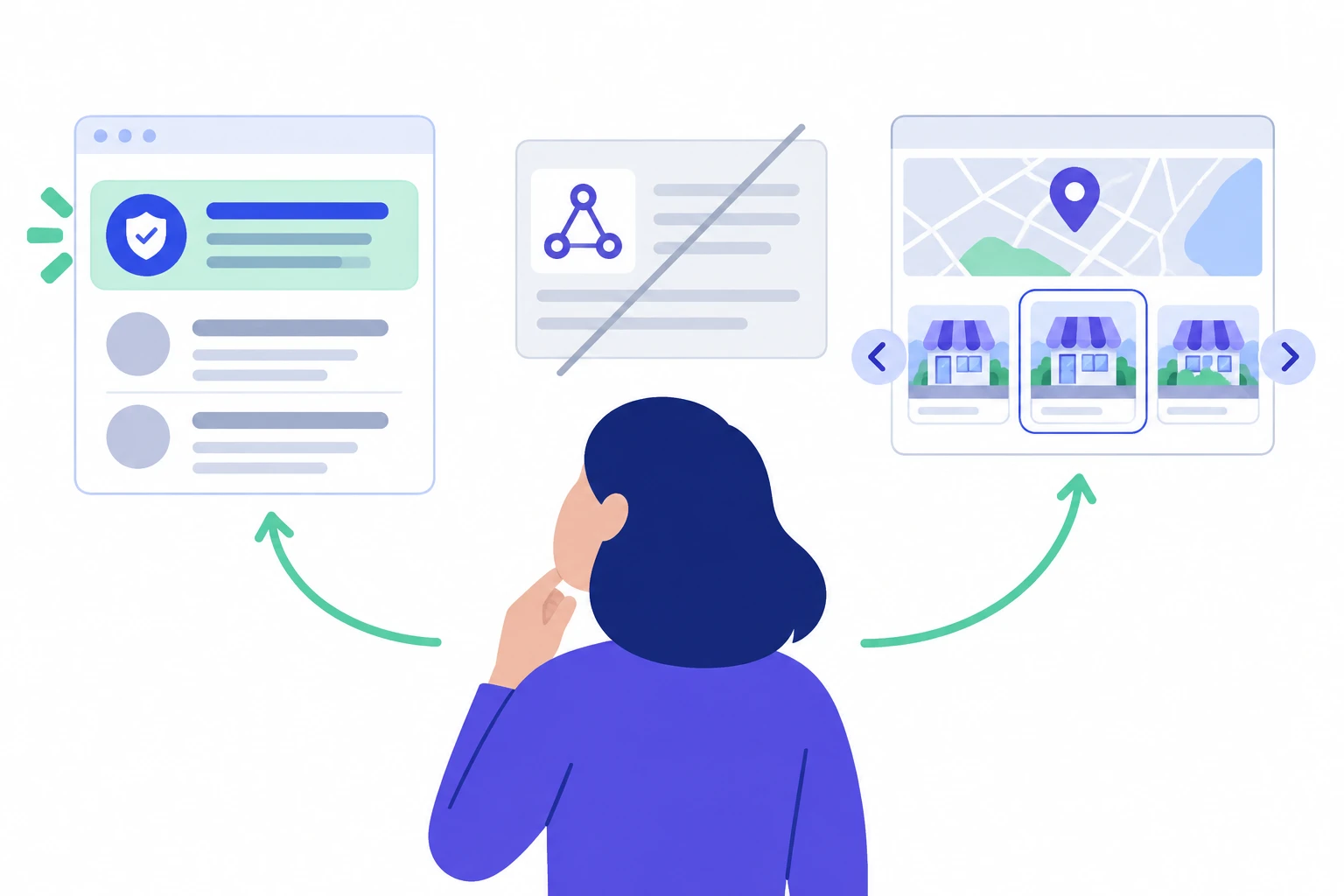 Conceptual editorial illustration of source preference, retired result features and regional search-result organisation.