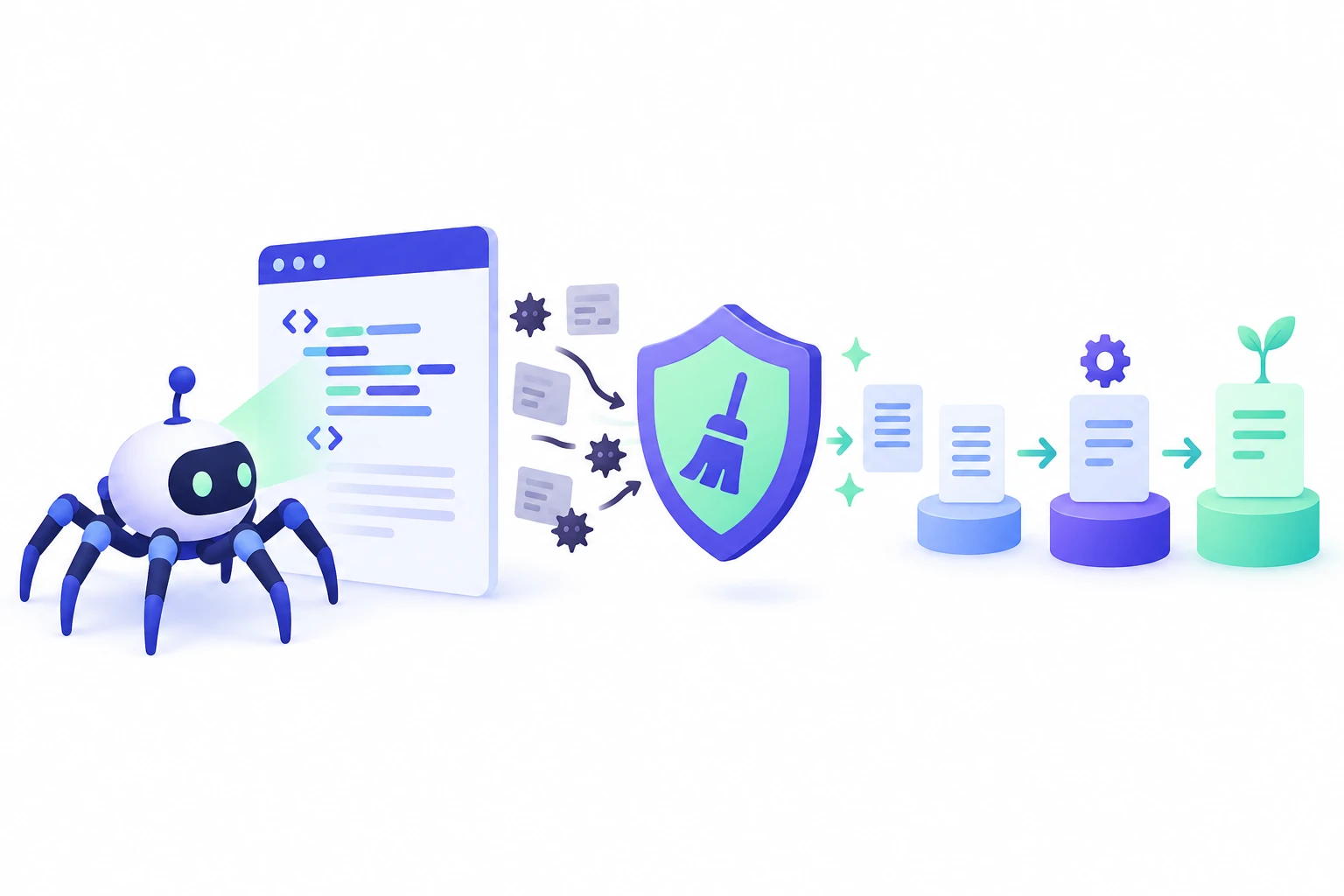 Conceptual editorial illustration of crawler processing, spam policy review and a staged ranking rollout.