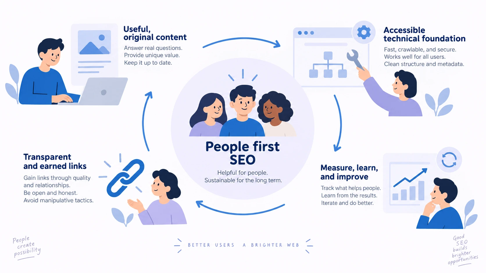 Conceptual people-first SEO workflow connecting original content, accessible technical foundations, transparent promotion, and measurement.
