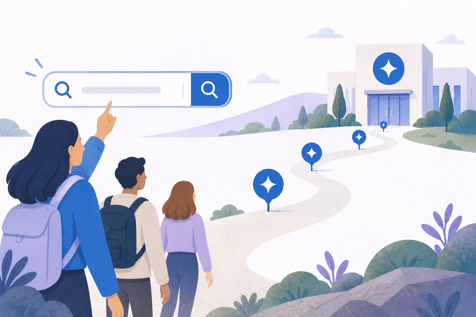 Conceptual illustration of people using a search field and following a clear path to a recognisable destination