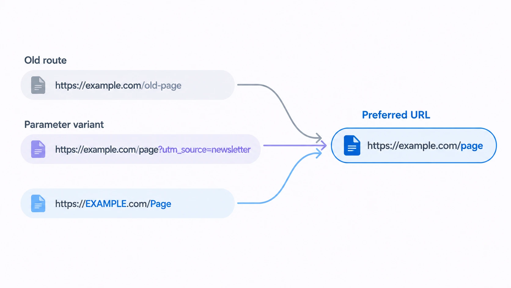 Conceptual comparison of one readable canonical URL with duplicate case, parameter and redirect variants converging on it.