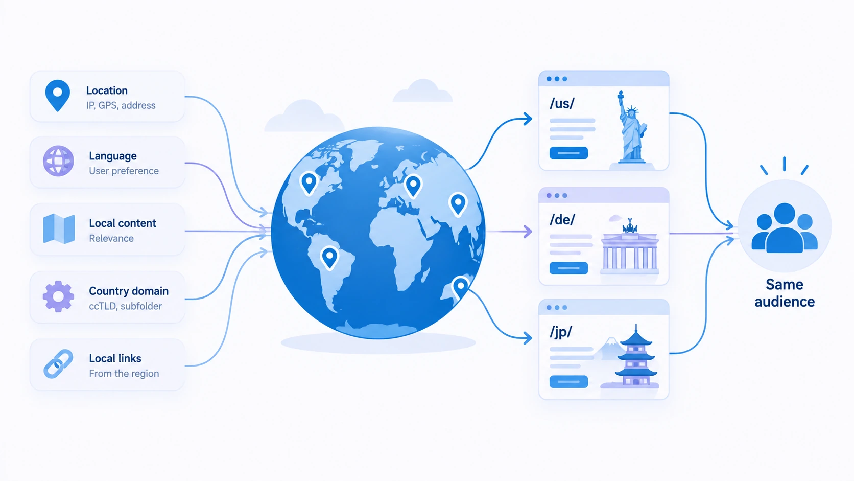 Regional website versions connected to language, currency, shipping information and a visible country selector.
