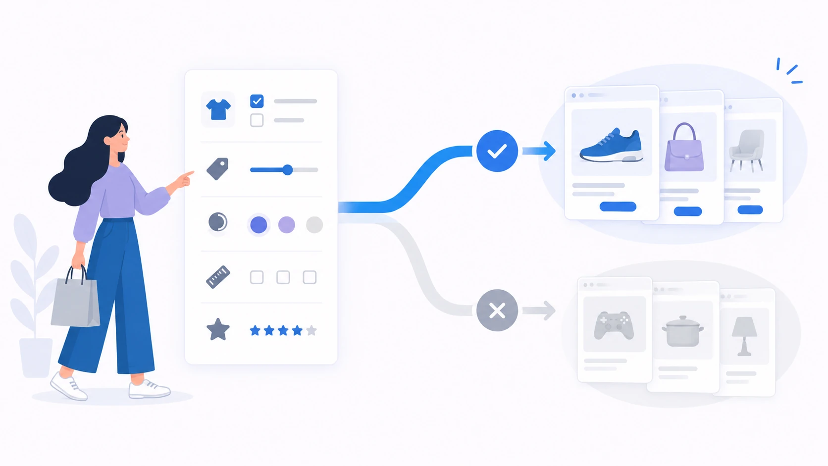 Conceptual catalogue facets separating shopper-only filter combinations from a small set of eligible landing pages.
