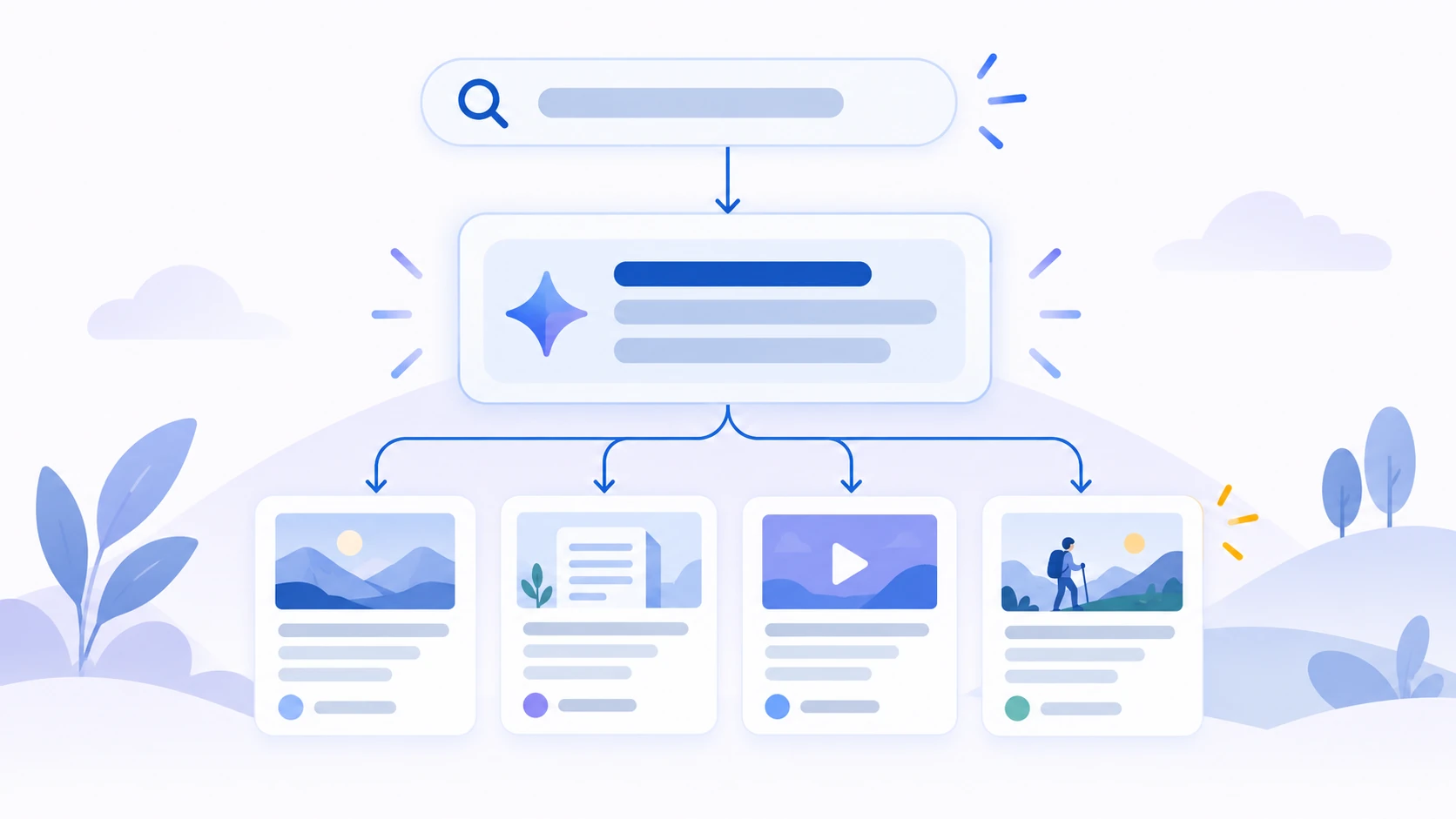 A search query leads to an AI answer linked to four supporting content cards.