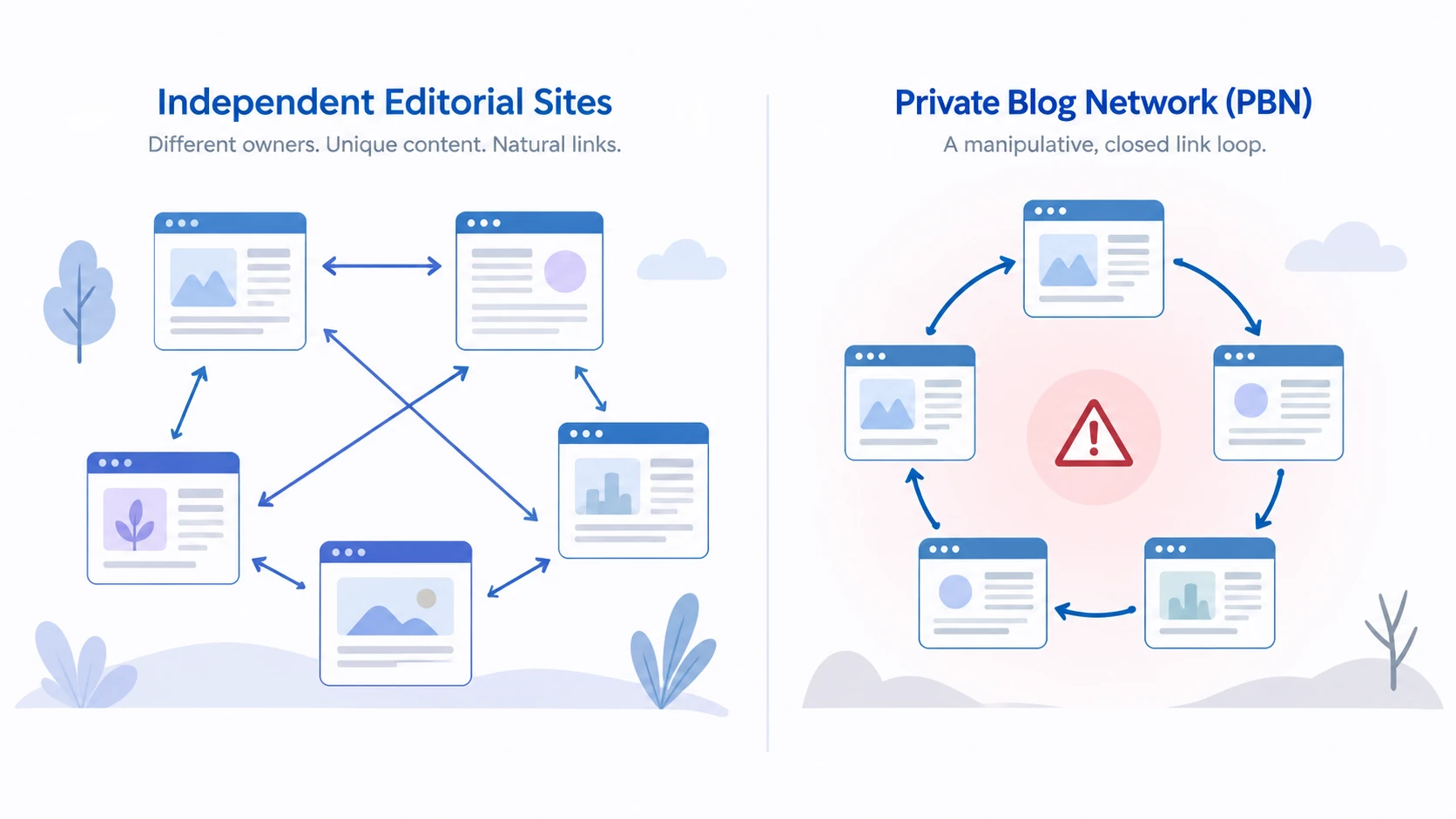 Independent editorial sites compared with a controlled linking network.
