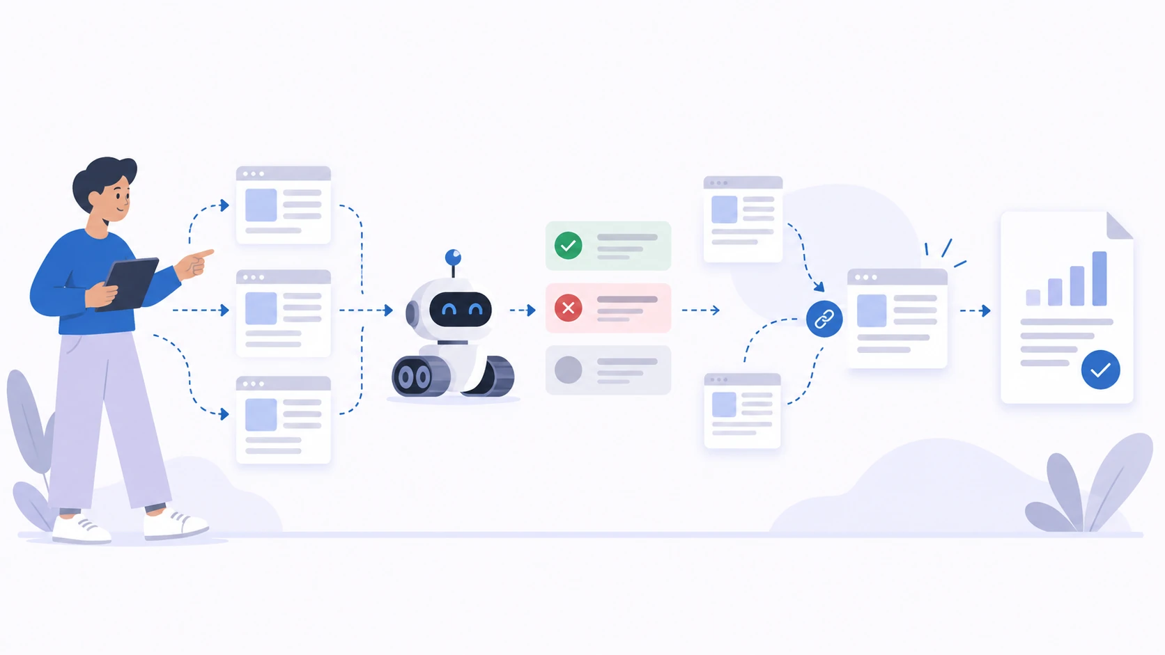 Conceptual crawl connecting URLs to response, link and metadata checks.