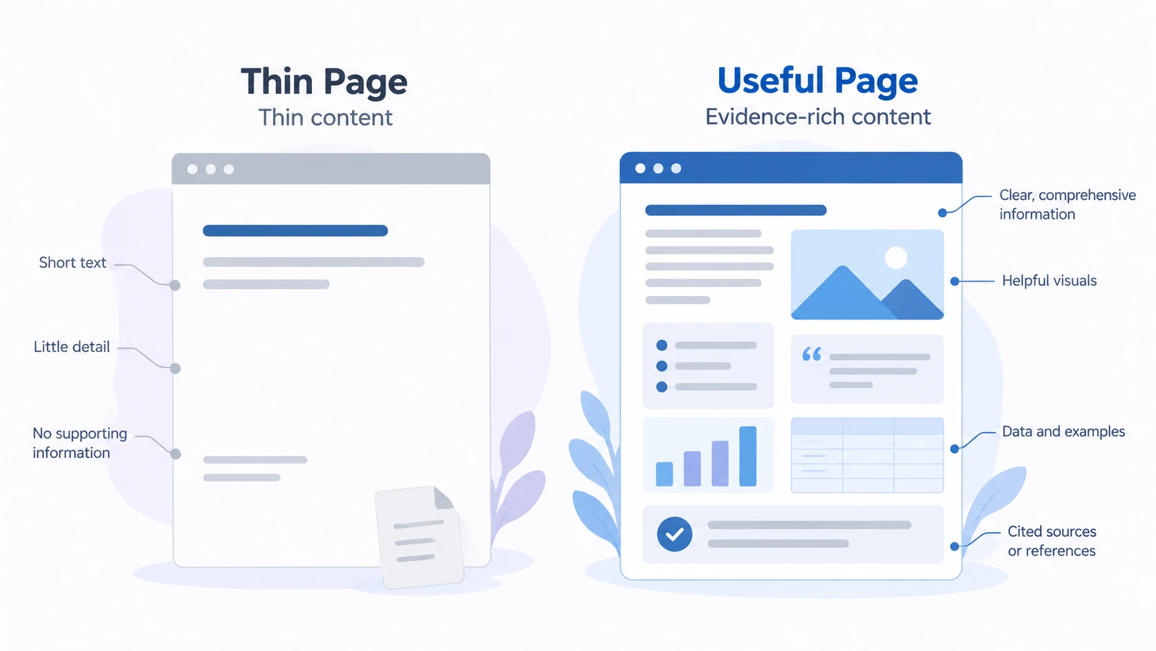A sparse page is compared with a page containing explanations, visuals, examples and sources.