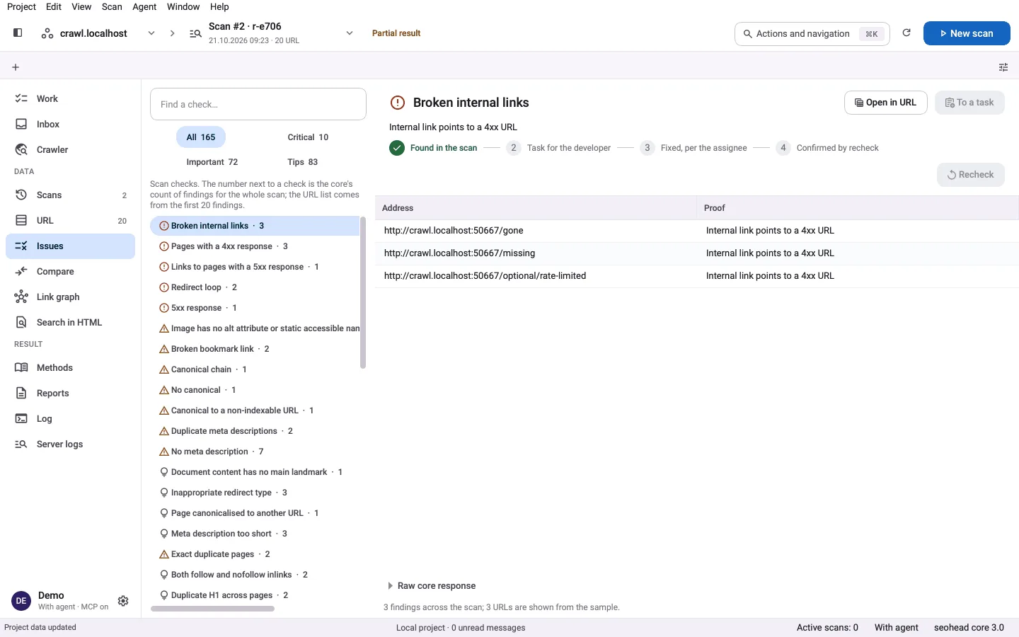 SpiderHead-Desktop-App: der Bereich Probleme mit geöffneter Prüfung für defekte interne Links und den drei 4xx-Zielen.
