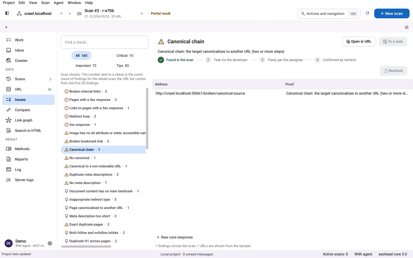SpiderHead-Desktop-App: die Issues-Ansicht mit geöffneter Prüfung auf Canonical-Ketten und der betroffenen Seite in der Liste.