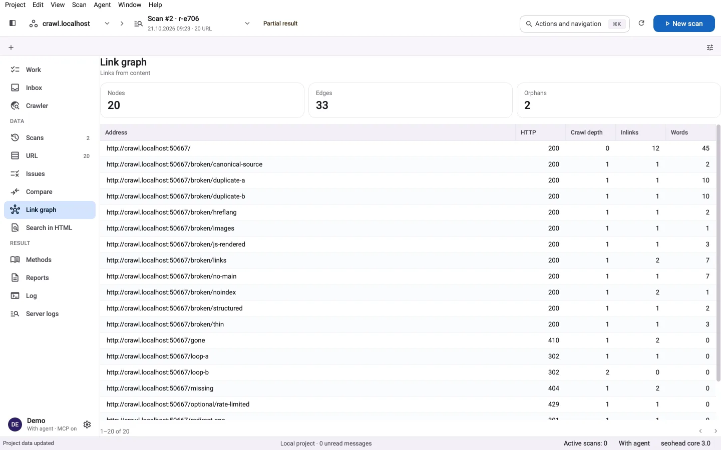 SpiderHead-Desktop-App: Der Bildschirm Link-Graph zeigt Knoten-, Kanten- und Waisenzahlen sowie eine Tabelle der Seiten mit Inlinks.