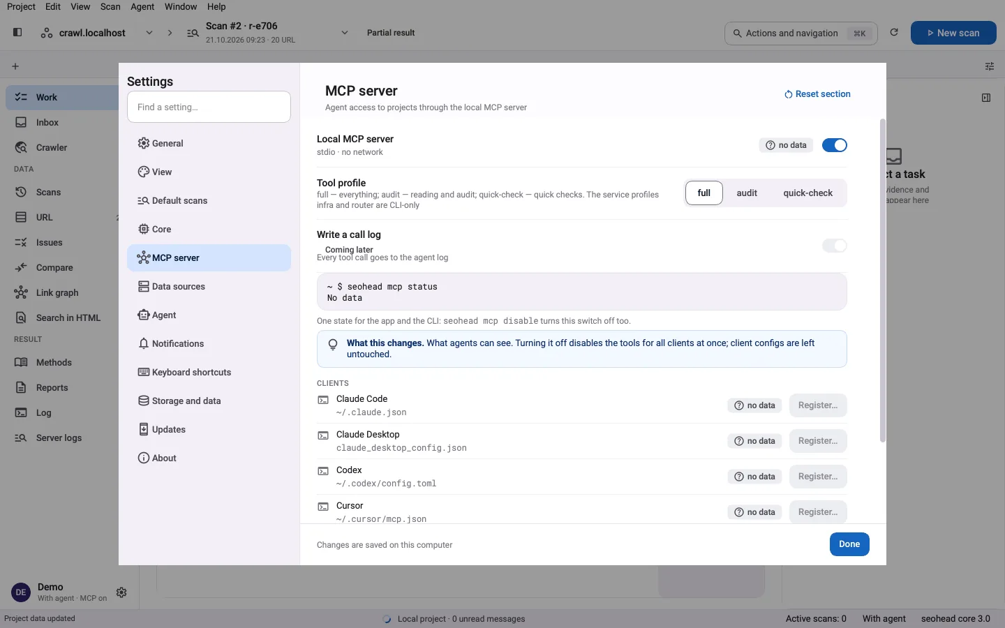 SpiderHead-Desktop-App: Der Einstellungsdialog auf der Seite MCP-Server zeigt Tool-Profile und die Client-Liste.