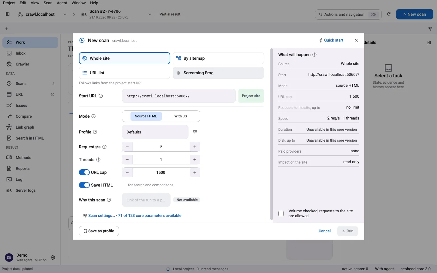 SpiderHead-Desktop-App: der Dialog „Neuer Scan“ mit den Quellen Gesamte Website, Sitemap und URL-Liste sowie Einstellungen für Geschwindigkeit und Limits.