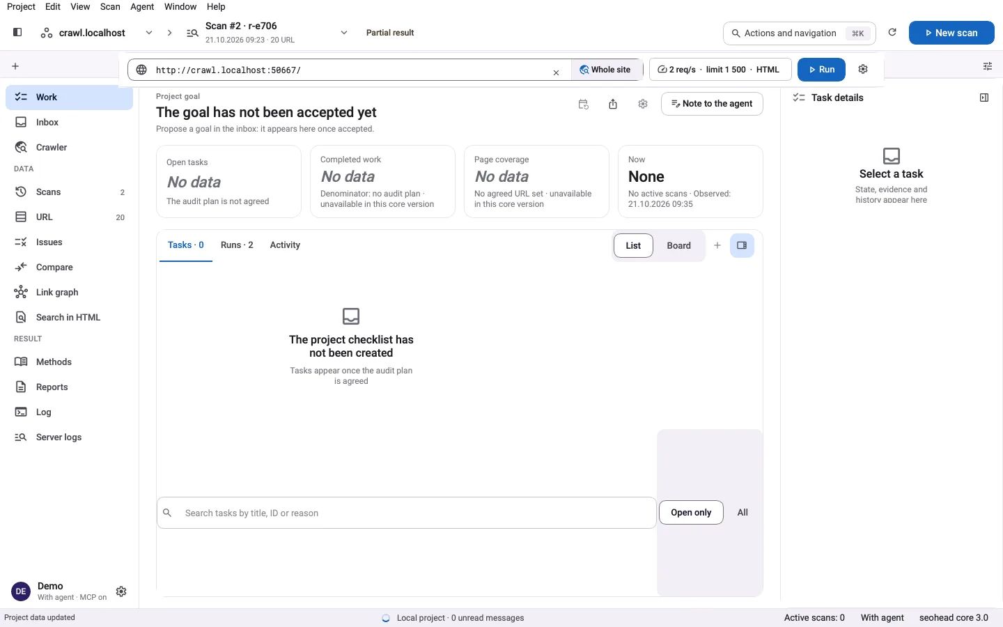 SpiderHead-Desktop-App: die Schnellstart-Leiste für den Schnellscan mit Start-URL, Modus und Limits.