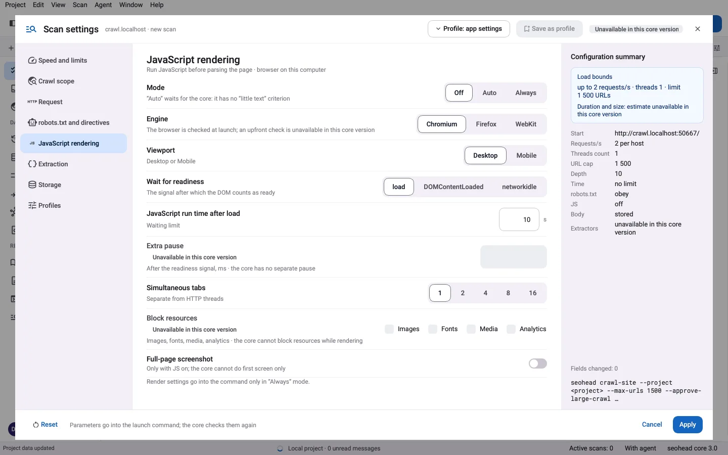SpiderHead-Desktop-App: Die Seite mit den Scan-Einstellungen für JavaScript-Rendering zeigt Optionen für Modus, Engine und Viewport.