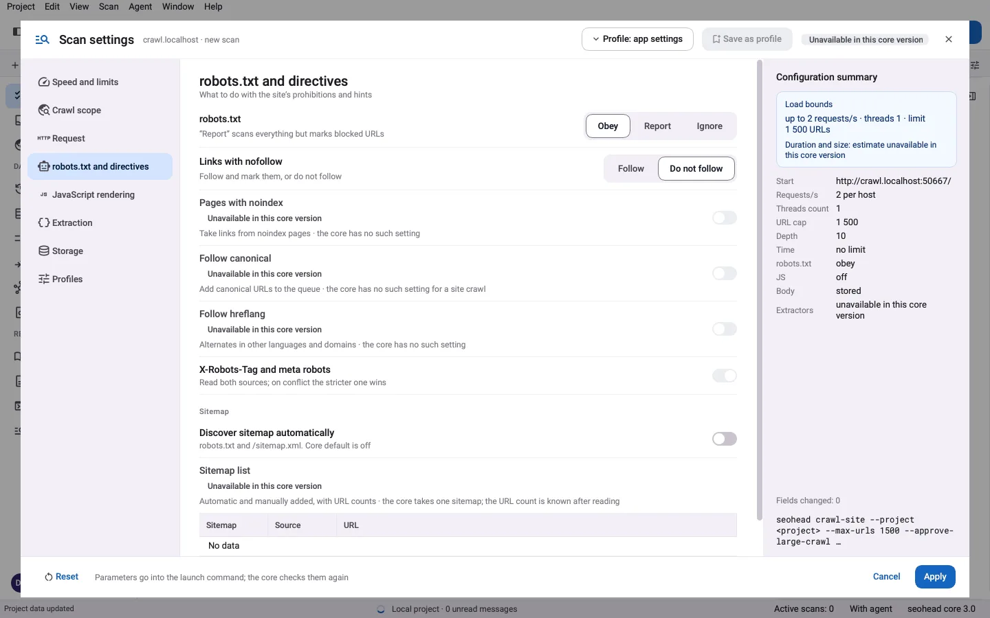 App desktop SpiderHead: la pagina delle impostazioni di scansione per robots.txt e direttive.