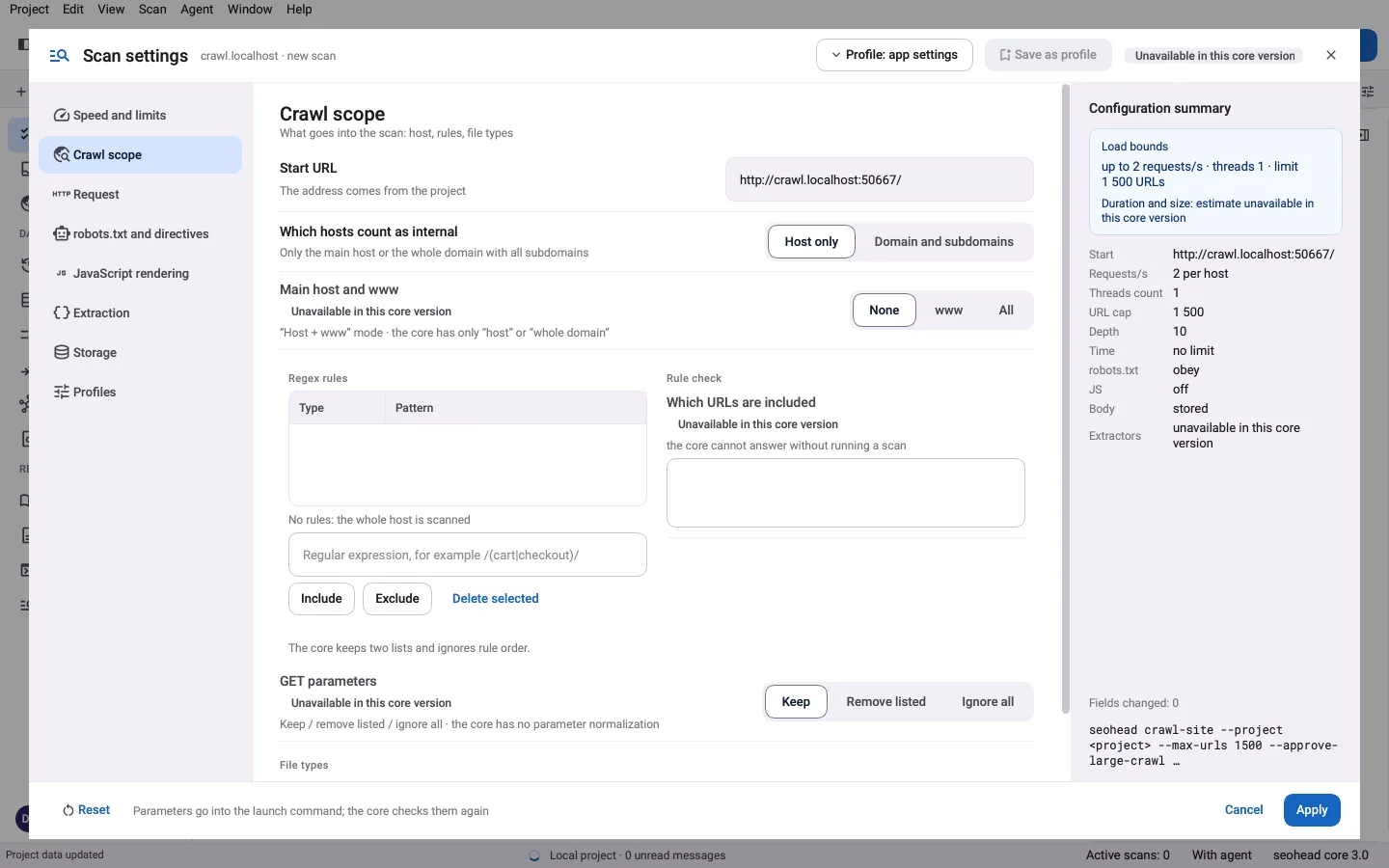App desktop SpiderHead: la pagina delle impostazioni di scansione per l'ambito, con modalità host e regole regex di inclusione ed esclusione.