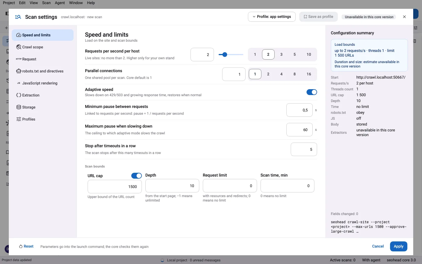 SpiderHead-Desktop-App: die Scan-Einstellungen für Tempo und Limits mit Anfragen pro Sekunde und adaptiver Verlangsamung.