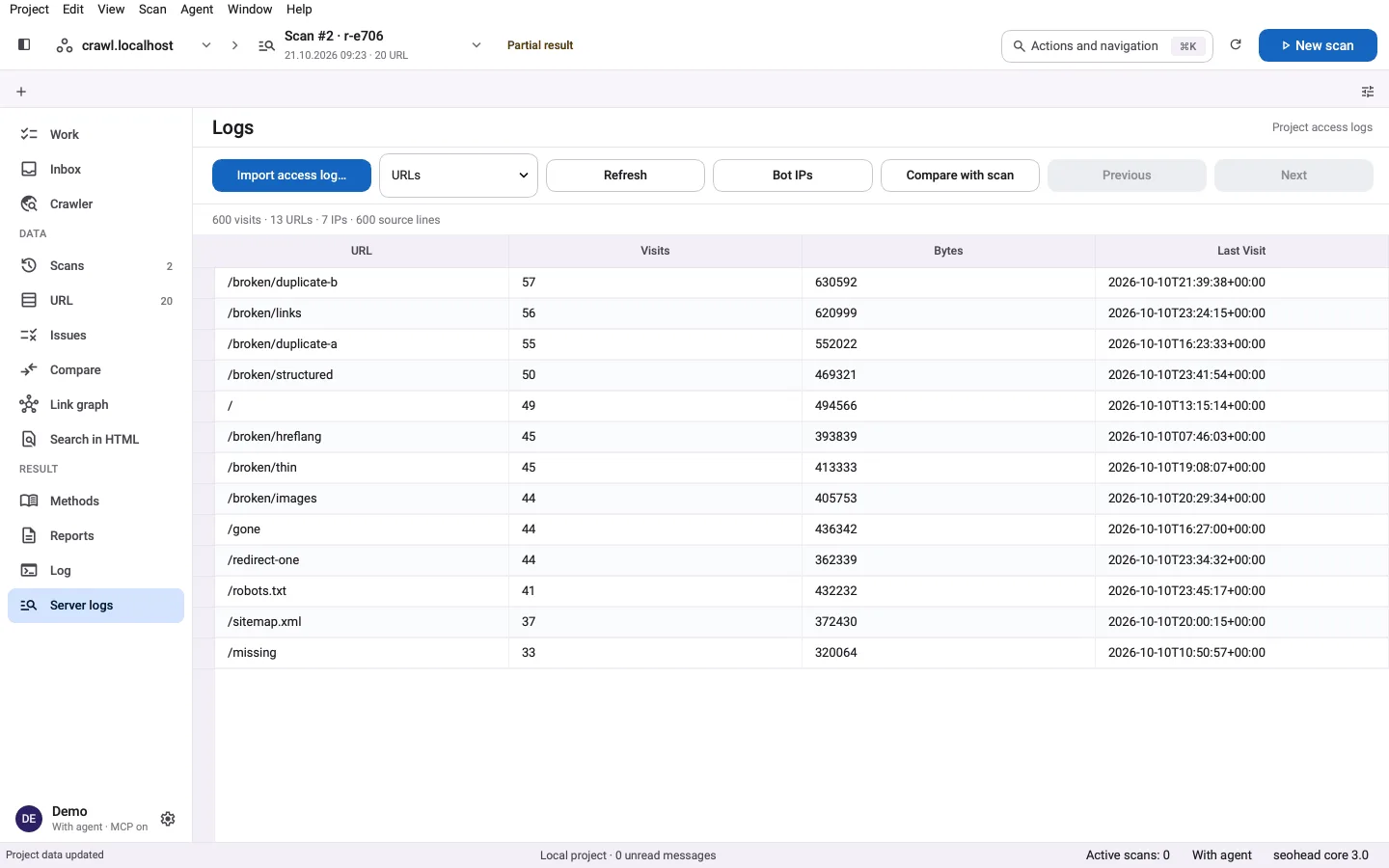 SpiderHead Desktop-App: der Bildschirm Server-Logs mit einer importierten Access-Logdatei, zusammengefasst pro URL.