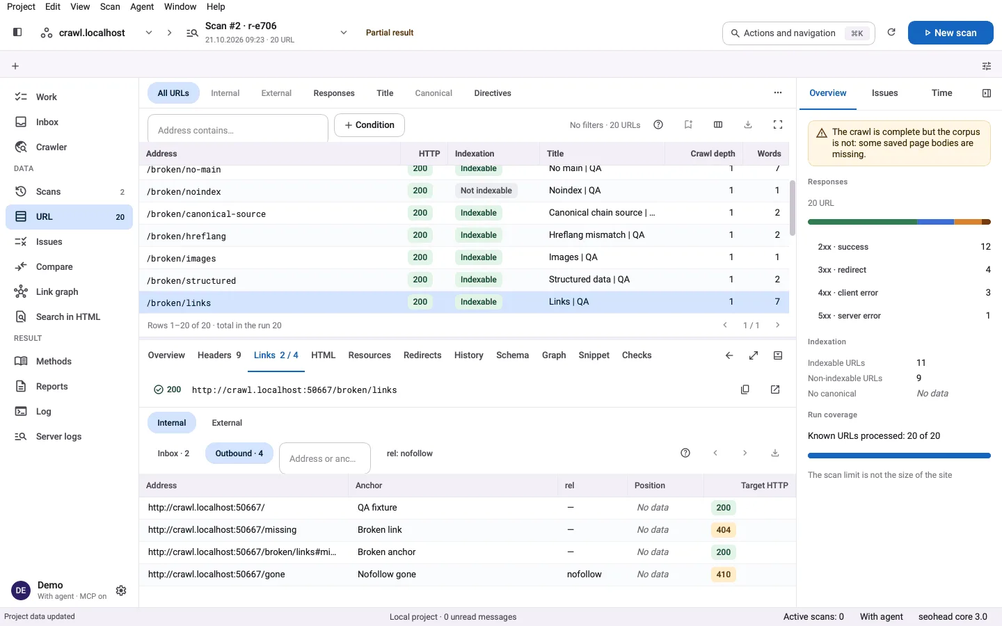 SpiderHead-Desktop-App: Der Tab URL Links listet ausgehende Links mit Ankertexten und den HTTP-Statuscodes der Ziele.