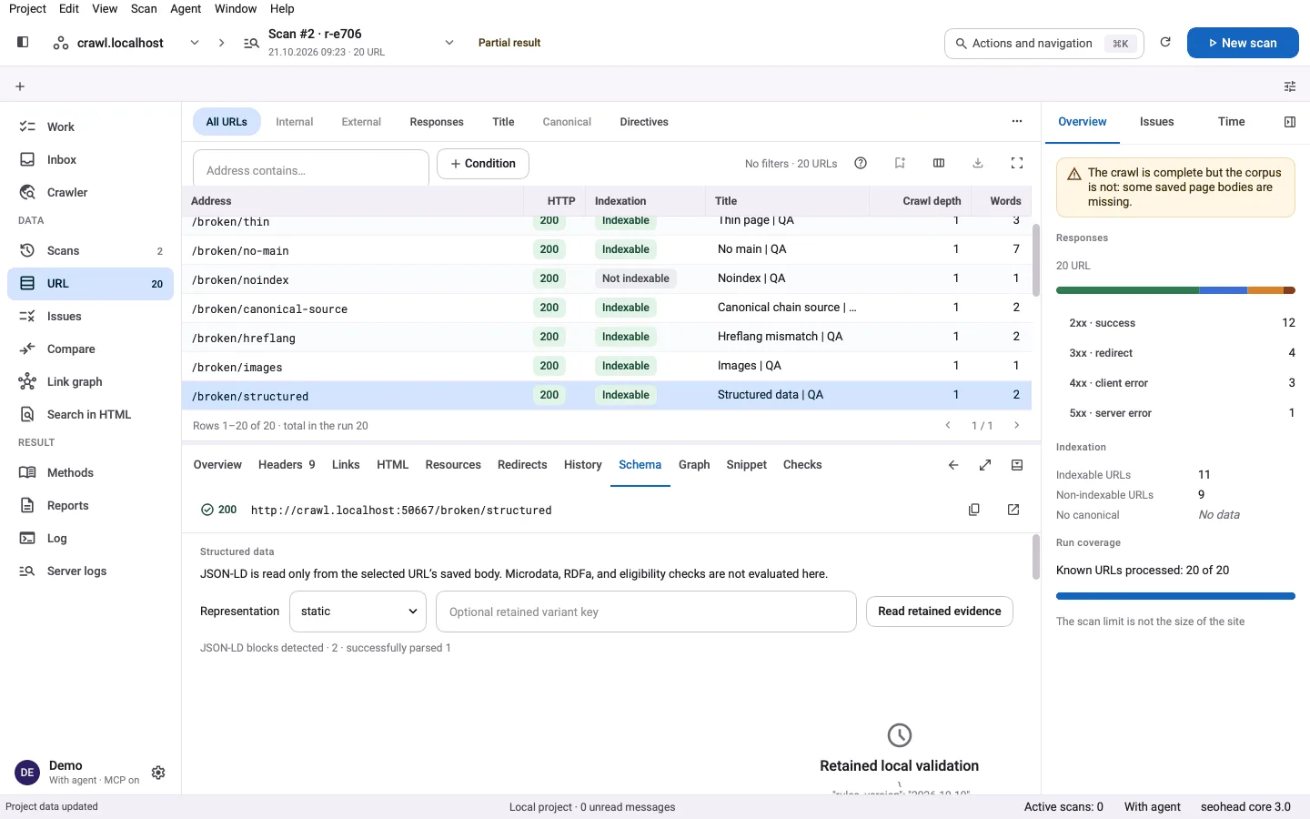 SpiderHead Desktop-App: der Tab Schema der URL mit erkannten und ausgewerteten JSON-LD-Blöcken.