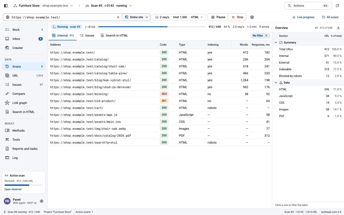 SpiderHead desktop app: a running crawl with the URL table and scan overview