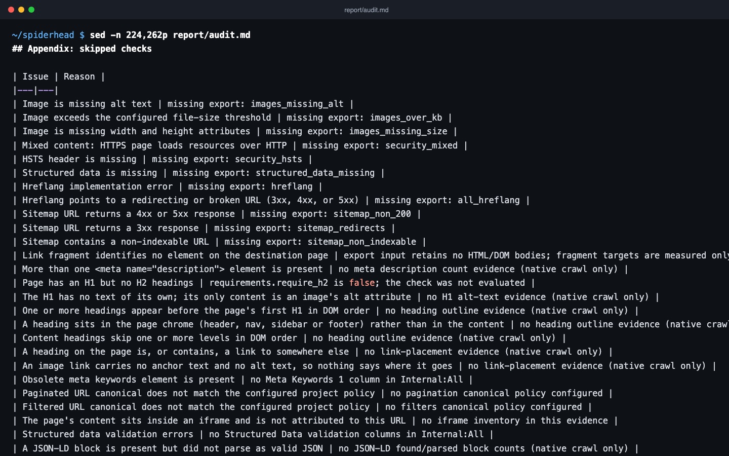 Terminal: seohead sf run on example exports and the generated task list