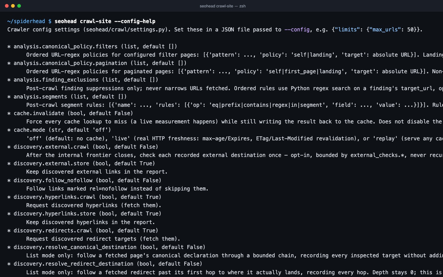 Terminal: crawler configuration settings from seohead crawl-site --config-help