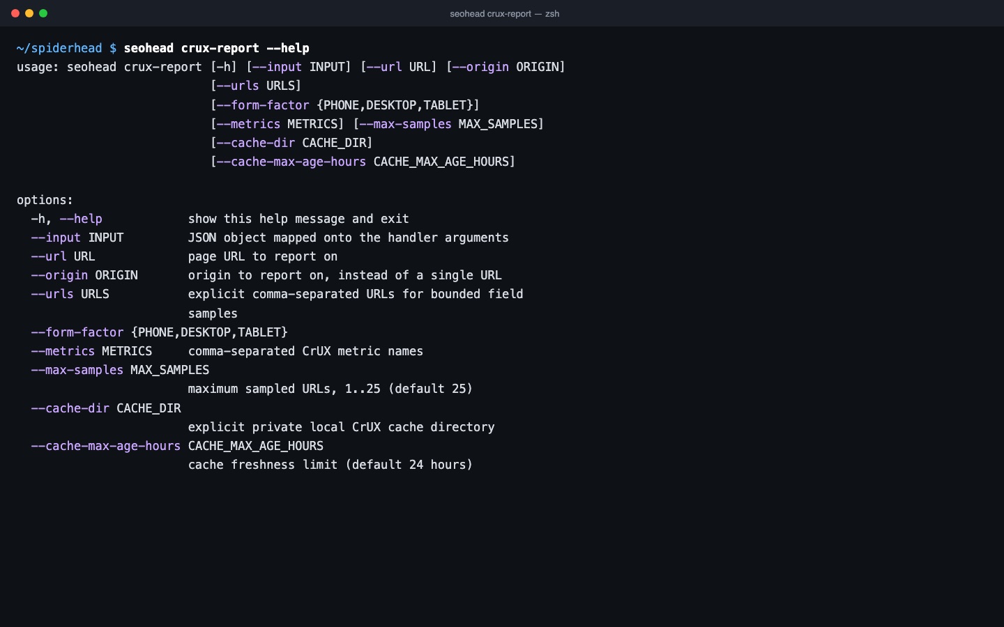 Terminal: seohead crux-report options