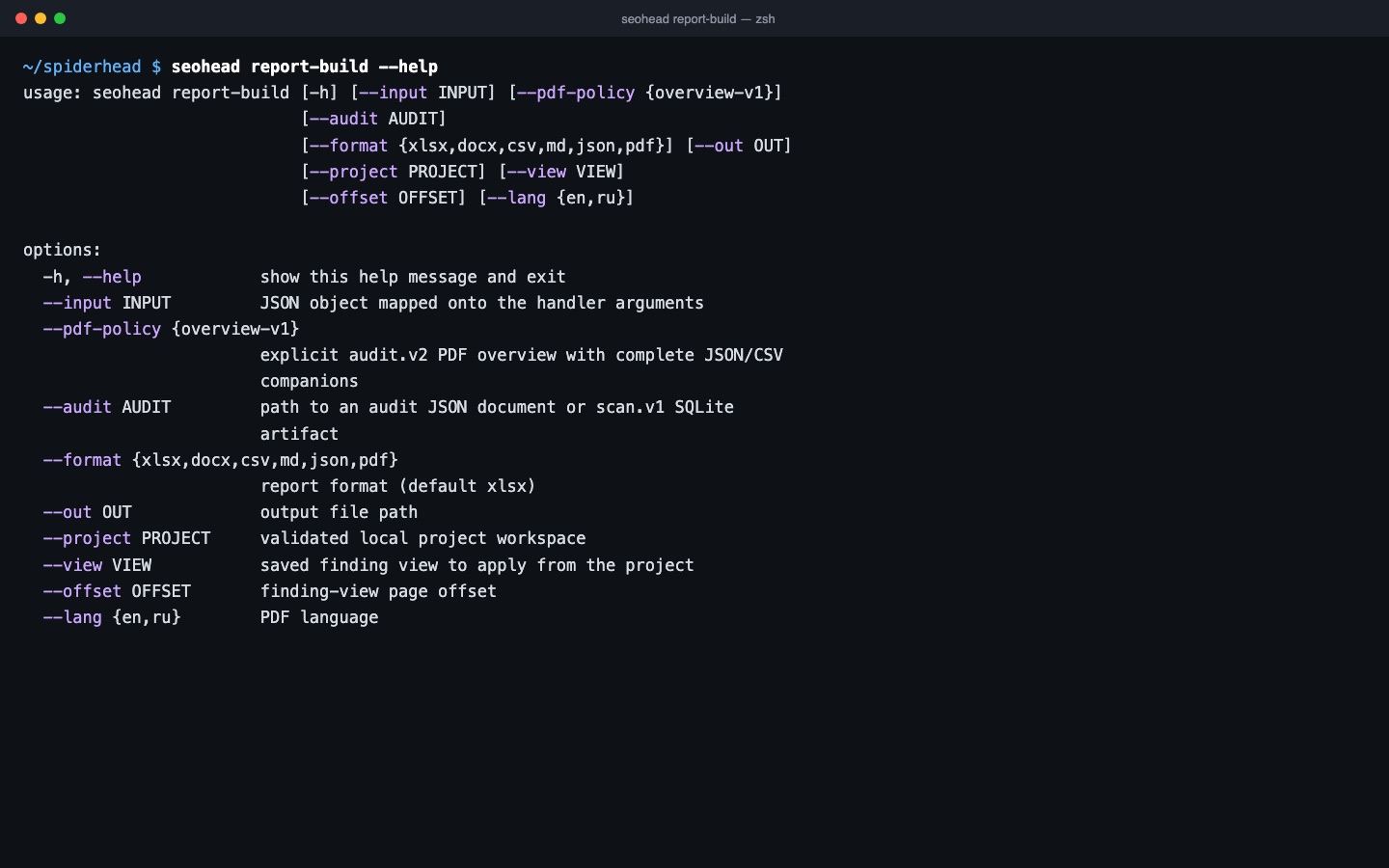 Terminal: seohead report-build formats