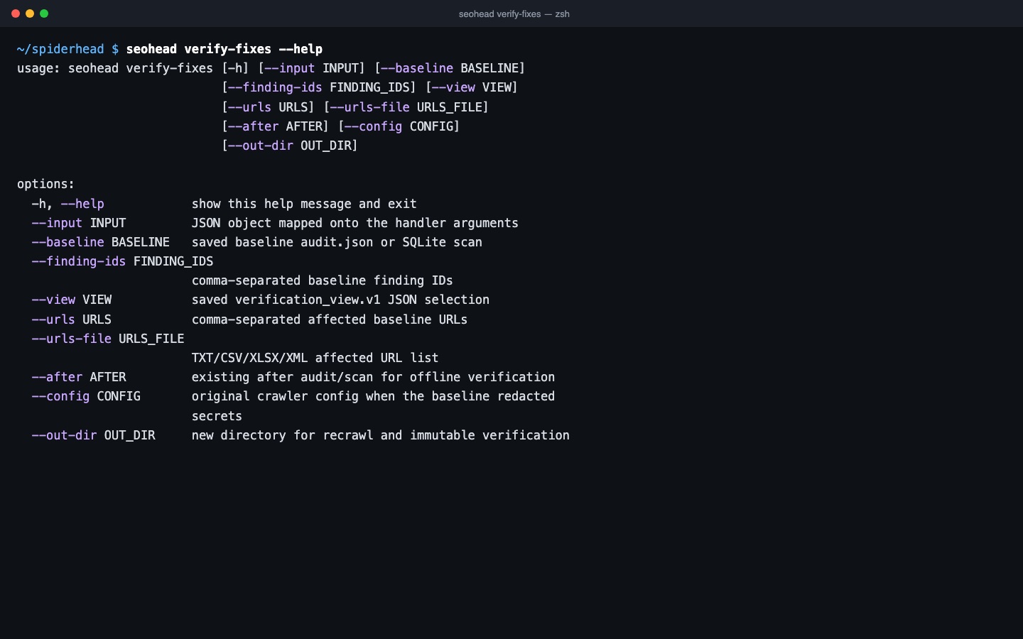 Terminal: seohead verify-fixes options